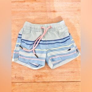 Properly tied Striped Kids Swim Shorts with Pink Drawstring